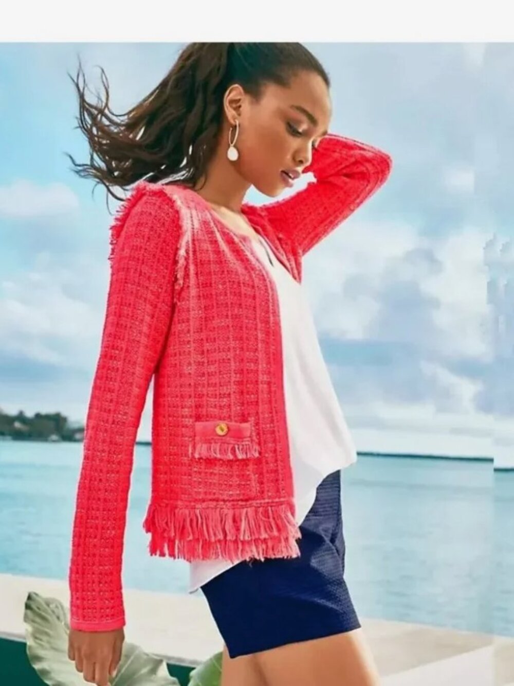 NEW Lilly Pulitzer Simora Fringe Cardigan Jacket Spicy Coral Exotic Tweed sz M